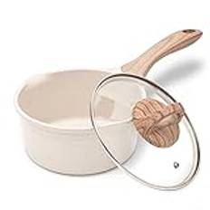 JEETEE Gryta 16 cm, 1,5 l kastrull med lock, liten gryta, mjölkpanna, belagd mjölkgryta, lämplig för induktions, elektrisk och gas (beige)