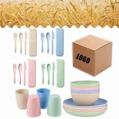 Amazon Top Seller Eco-friendly Wheat Straw Fiber Dinnerware Set Includes Plate Bowl Spoon for Tea Soup Cutlery Rice Food Serving