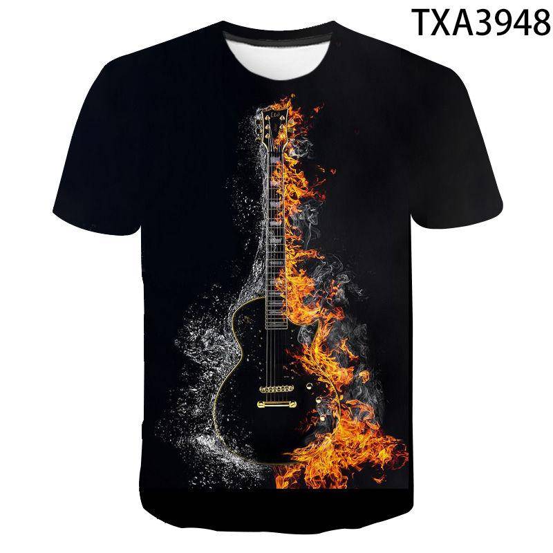 Sommarmusik gitarr 3d-tryck män T-shirt Mode Hip-hop Rock And Roll T-shirt O-hals Kortärmad Streetwear Oversized toppar cm black