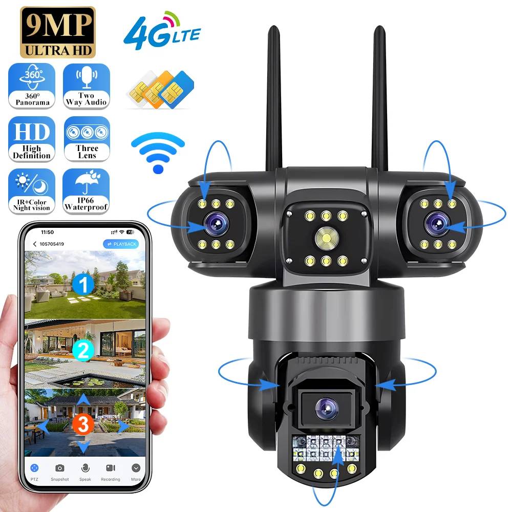V380 Pro 4G Outdoor Waterproof Camera With Sim Card 8MP 4K Three Lens Monitor Night Vision Security PTZ WiFi CCTV Home IP Camera