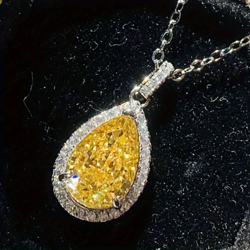Gorgeous Sparkling Yellow Zirconia Water Drop Pendant Necklace For Women Banquet Parties Luxurious Jewelry Daily Vacation Exquisite Additions Valentine's Day Gifts