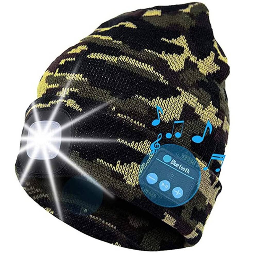 Morttic Bluetooth Beanie Hat med LED-lys, indbyggede stereohøjttalere og mikrofon – kompatibel med Bluetooth-enheder, camo militærgrøn
