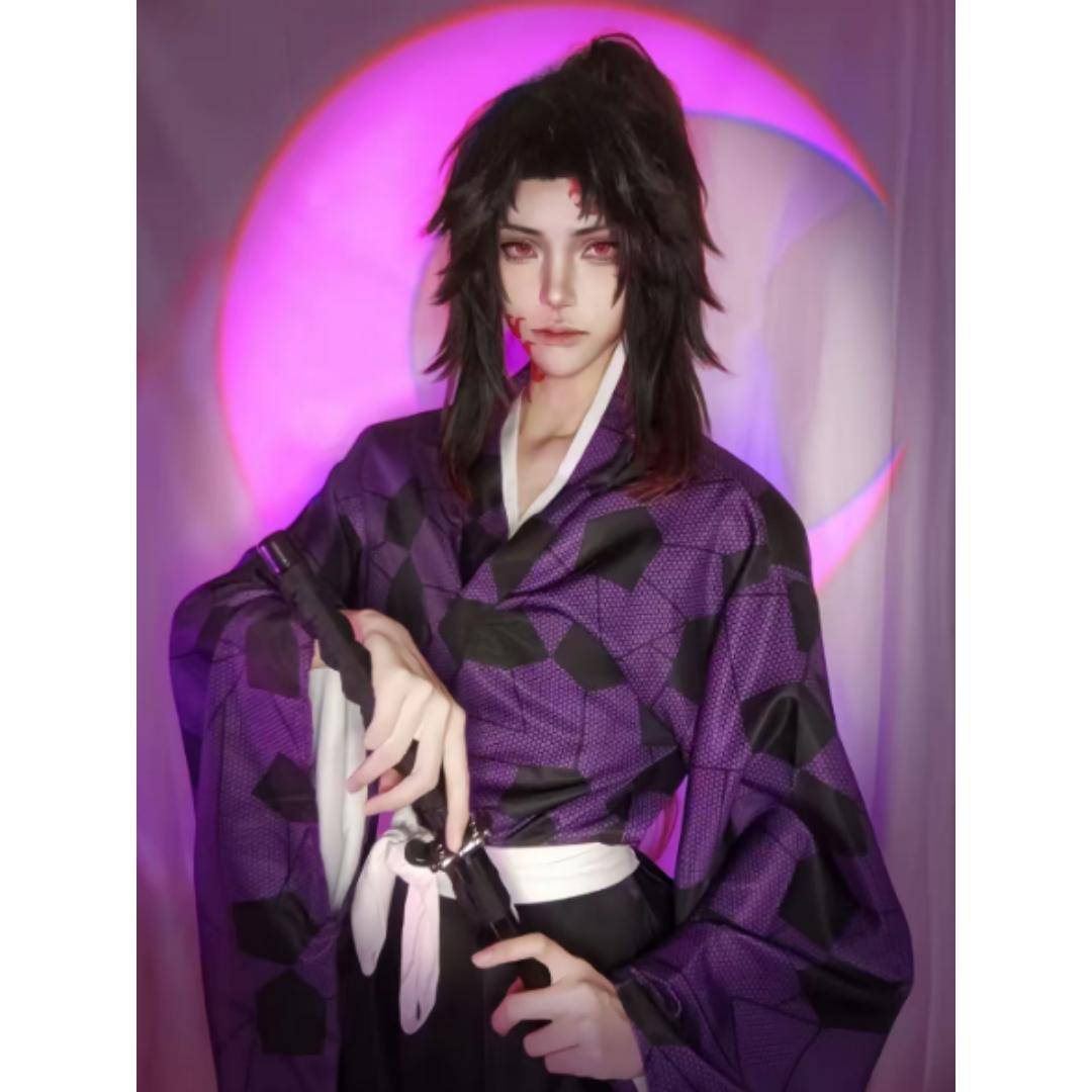 Demon Slayer Kokushibo Cosplay Kostym Peruk Anime Lila Kimono Tsugikuni Michikatsu Fest Halloween Rollspel Karneval Kläder cm svart