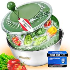 KITAPO Salatschleuder Edelstahl mit Kurbelantrieb [2 in 1 Servierschüssel] 4,5l [Wasserauslass, Spülmaschinengeeignet, rutschfest] Salad Spinner Obstsschleuder hochwertige Salatschleuder groß