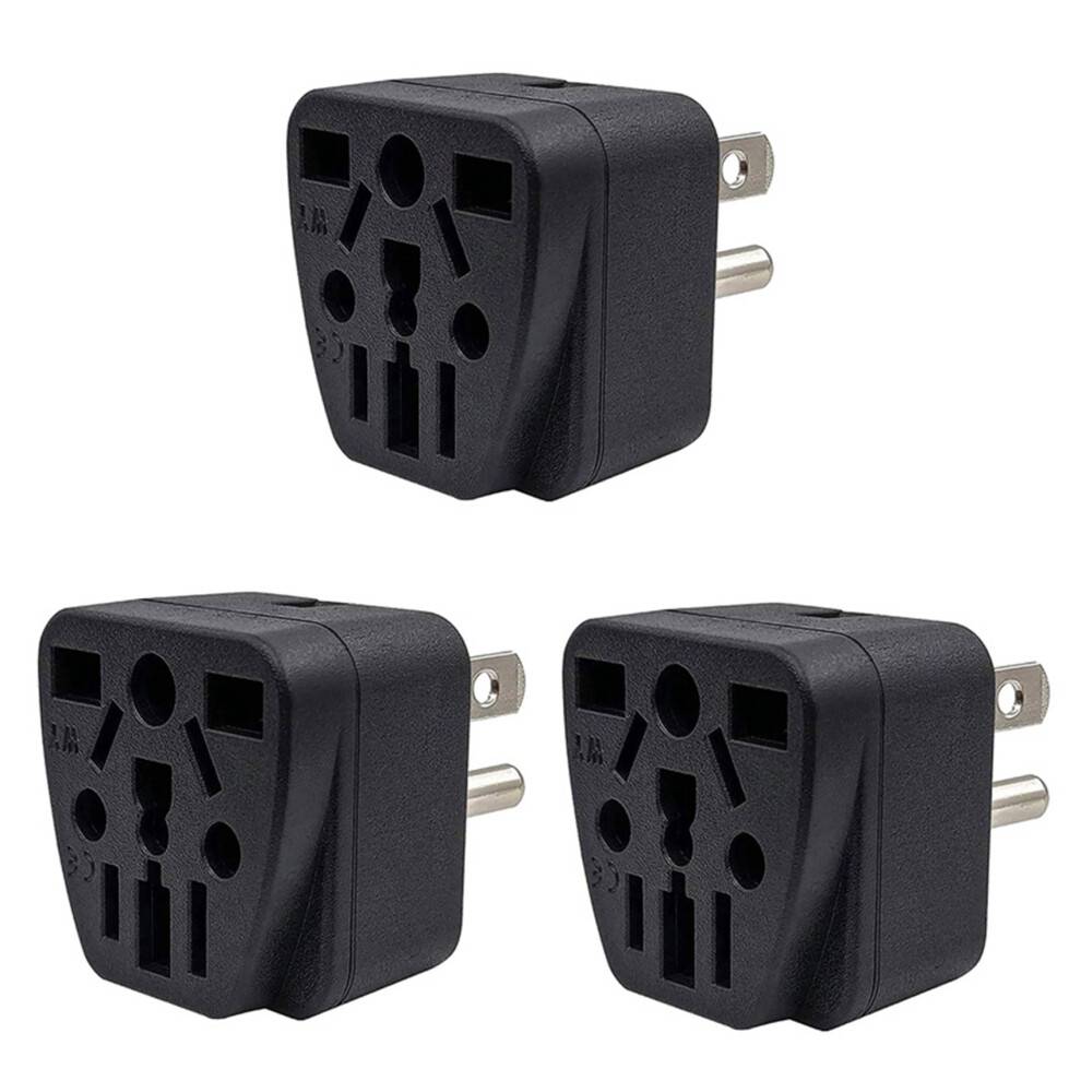 3X US Travel Plug Adapter EU/UK/AU/In/CN/JP/Asia/Italy/Brazil to USA (Type B), 3 Prong USA Plug, Charger Converter Black