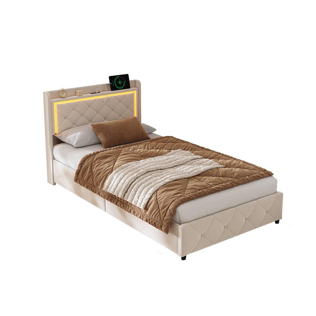 KLÄDD säng 90x200 cm beige sammet LED USB-förvaring - Beige