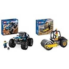 LEGO City Blå monstertruck Cool Leksaksbil, Byggsats med Terrängfordon och Minifigur, från 5 år 60402 & LEGO City Ångvält Byggleksak för Barn, Byggset med Byggfordon och Minifigur, från 5 år 60401