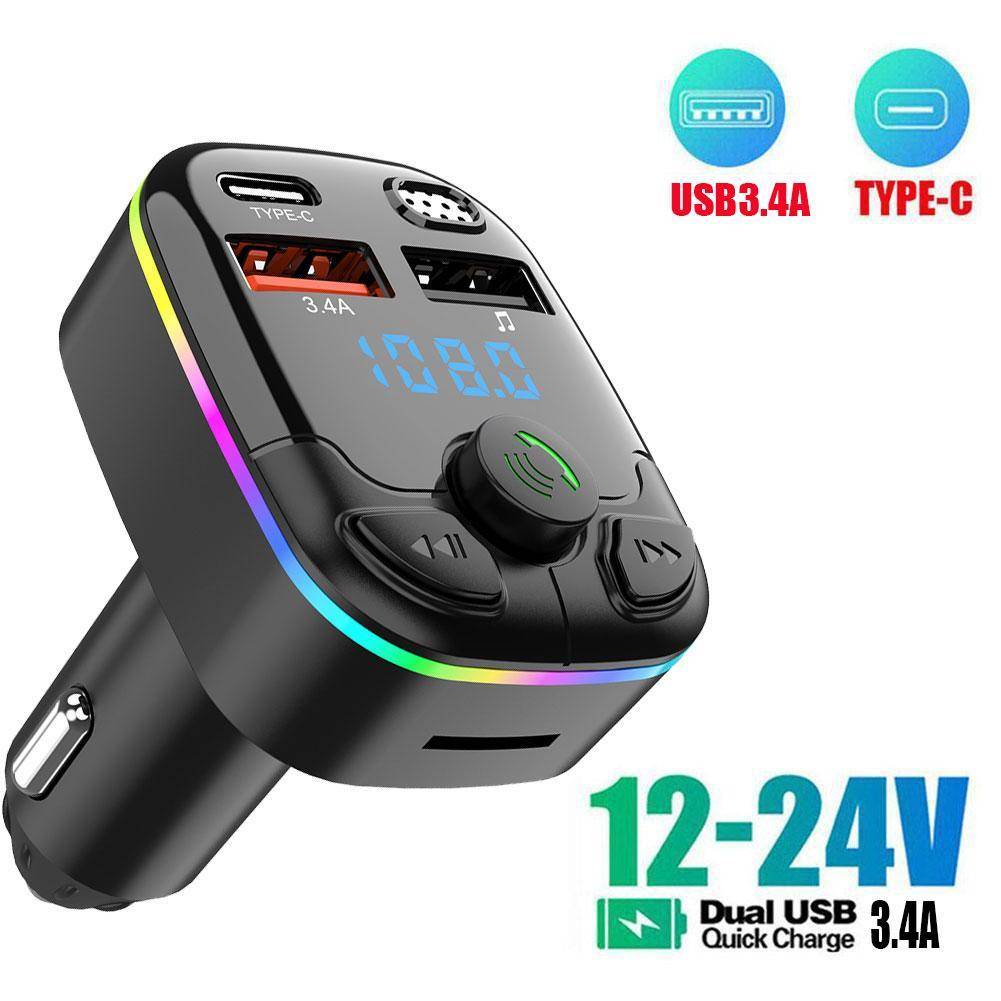 Car FM Transmitter 5.0 PD Type-C Dual USB 3.1A Colorful Ambient Light Handsfree MP3 Modulator Player Car BT Player