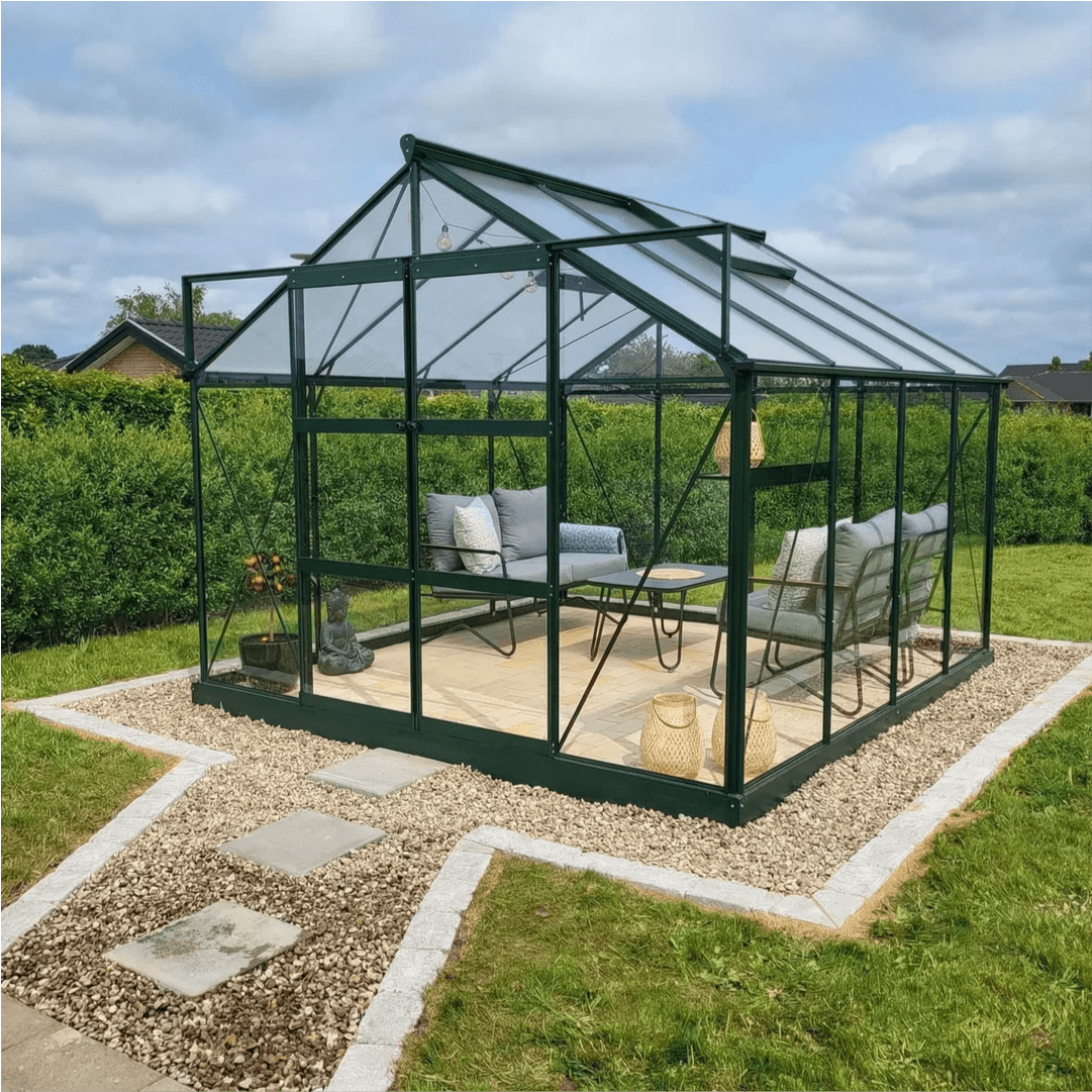 Drivhus Solid 8.5 M² - Ral 6009 army grøn / 6 mm. polycarbonat komplet / Ingen sokkel