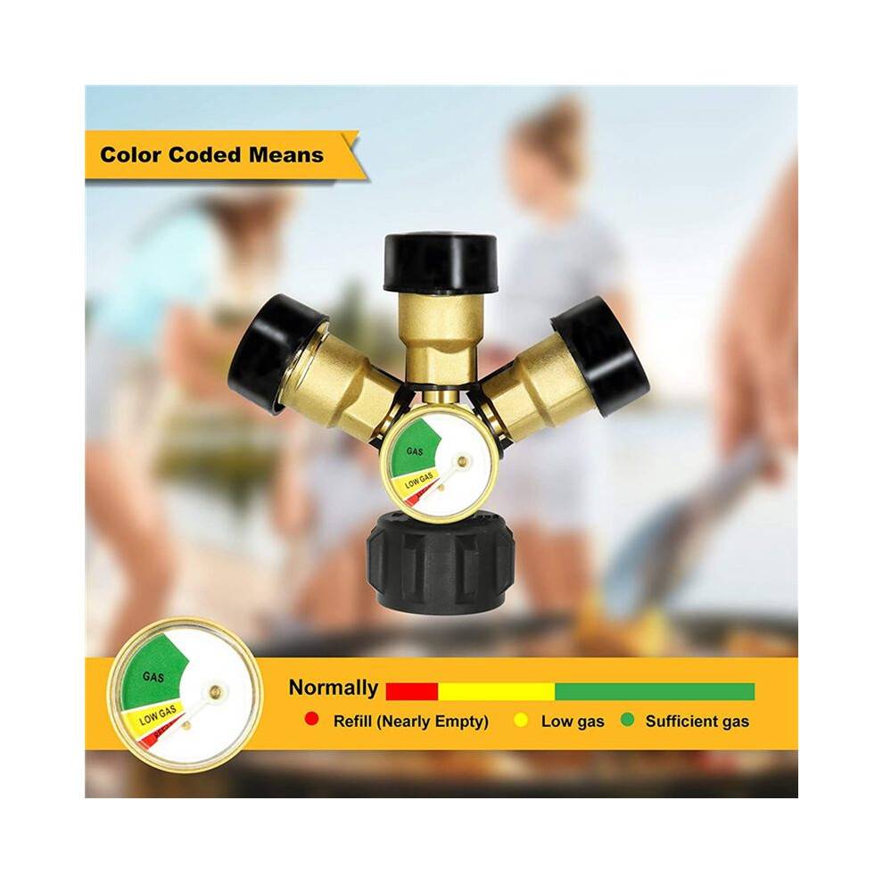 2X 3 Way Propane Splitter with Gauge and Shut-Off Valve, 3 Y Propane Gas Splitter, Propane LP Tank Tee Gauge Adapter