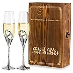 Invarken champagneglas med gravering, trälåda – set med 2 champagneglas i silver, gåva, bröllop, för brudpar, vinglas, födelsedag, årsdag, brudtärna, förlovningsgåvor