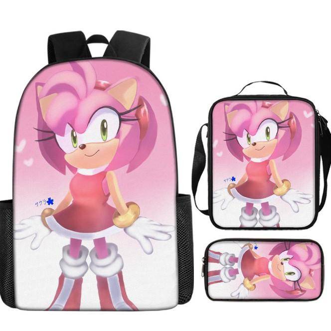 Sonic 2 Ryggsäck för Flickor Söt Tecknad Anime Skolväska Lätt Vattentät Matsäck Pennfodral Set