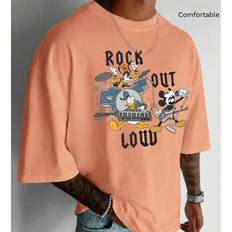 Disney Co-branded bomull för män Casual T-shirt med rund hals, Musse Rock Band-tryck, herr vår/sommar Peplum-topp, mjuk och andningsbar ljusorange kor - ljus orange - L,M,S,XL