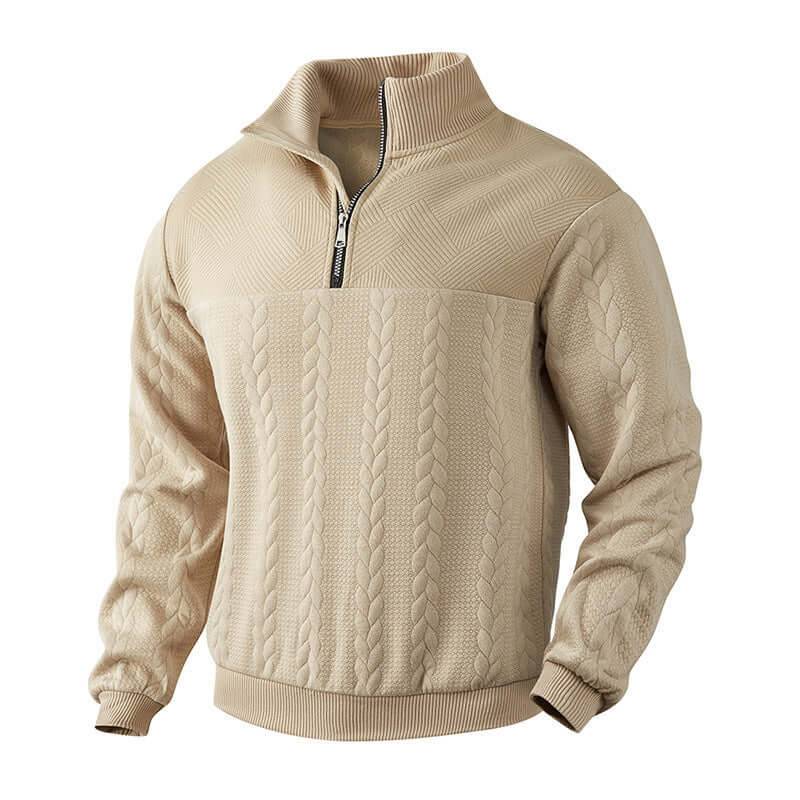 Men's Jacquard Quarter Zip Winter Warm Hoodie - Khaki / XS