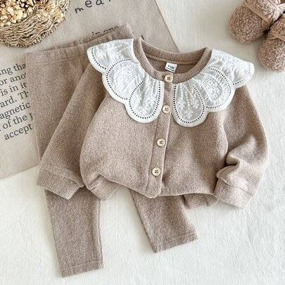 2 st stickad kofta och byxor för babyflicka, söt kamelfärg med spets och blombroderi, lång ärm, rund hals, regular fit, elegant för fest, höst, helg, - Kaki (6-9M,9-12M,12-18M,18-24M,2-3Y)