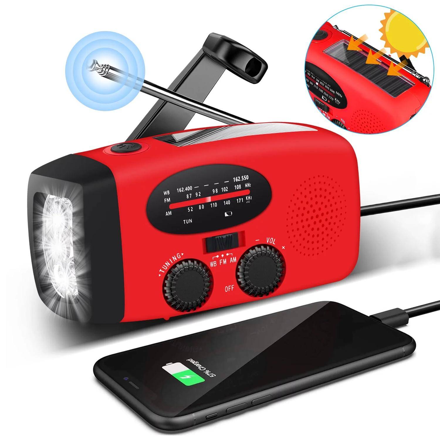 Vevradio med Solceller, Ficklampa och 2000mAh Powerbank SOS