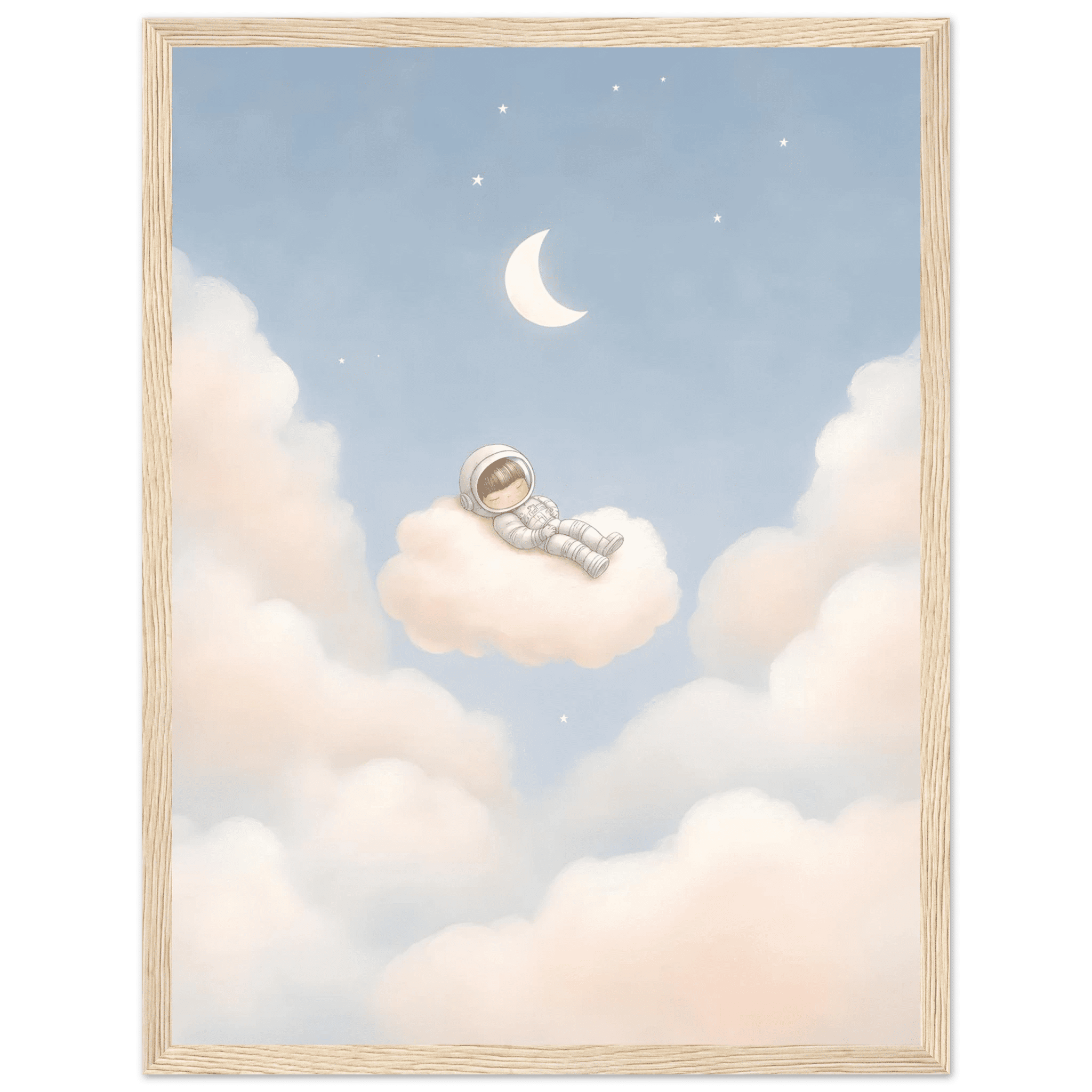 Sovande astronaut på moln poster-30x40 cm / 12x16″ / Med ram / Ljust trä