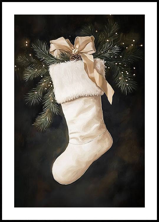 Christmas Stocking with Pine and Ribbon Poster (40x50cm) - Plakater > Vinter Posters, Jule Postere, BD