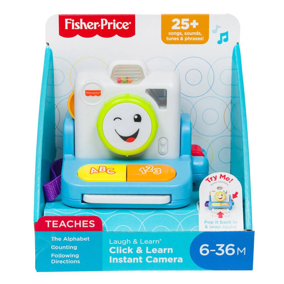 Fisher-Price Laugh & Learn Click & Learn Instant Camera - Interaktiv kamera med ljus, ljud, 25+ sånger, lär alfabetet och räkning