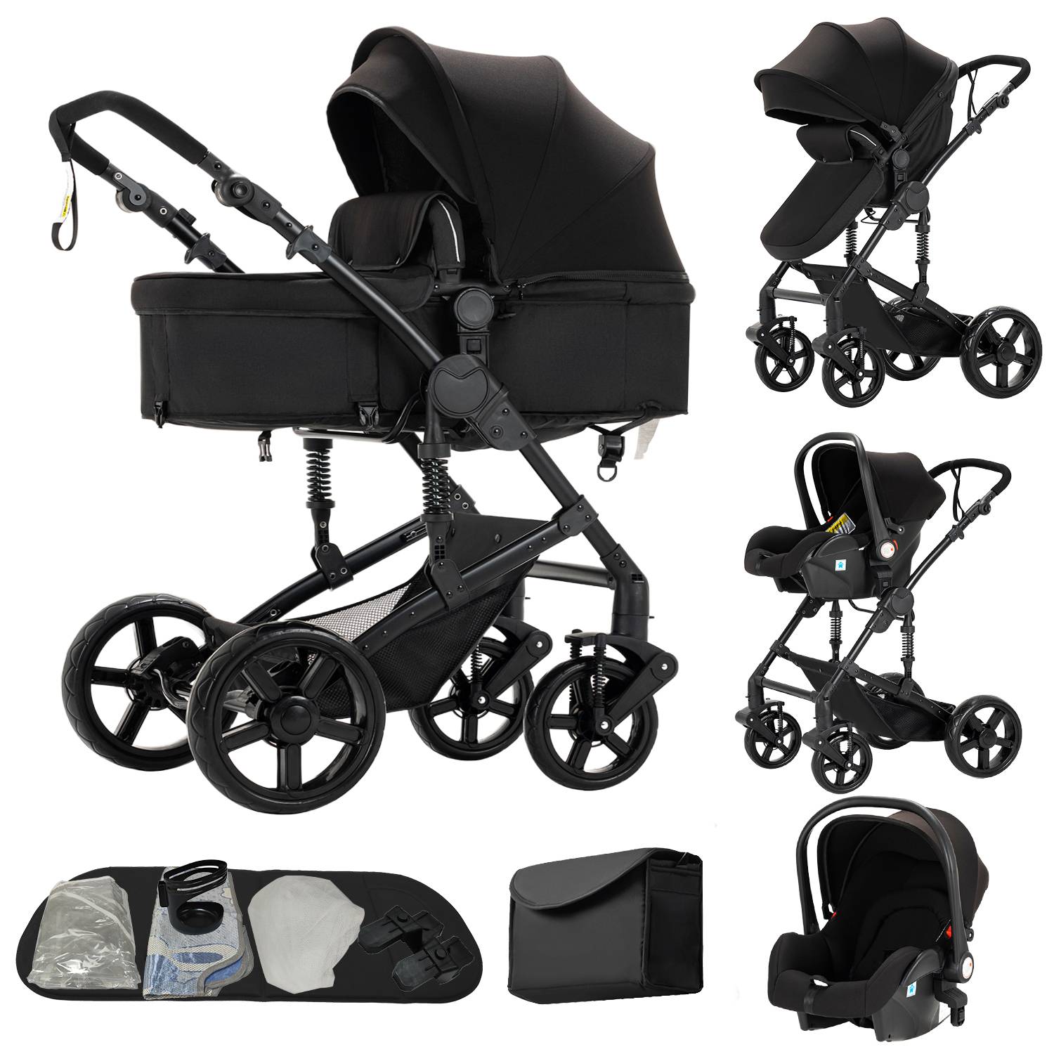 3 in 1 Luxury Baby Stroller Travel System High Landscape Folding Carriage Pushchair Infant Safety Car Seat Combo Portable Bassinet Pram with Large EVA Shock-Absorbing Wheels & 6 Free Gifts Accessories