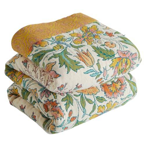 Bailix Premium Boho överkast 100 % bomull gosig filt dubbelsidig muslin boho-filt 150 x 200 cm, mysig sofföverdrag och överkast, lapptäcke, filt för vardagsrum grön/beige