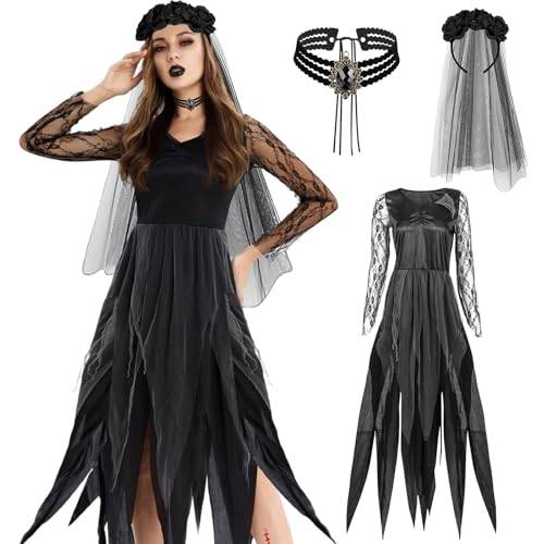 KIKVTER Halloweenkostym damer, zombie brudkostym damer svart, spökbrud kostym damer, kostym halloween för halloween karneval kostym damer spökbrud vampyr zombie damer häxor