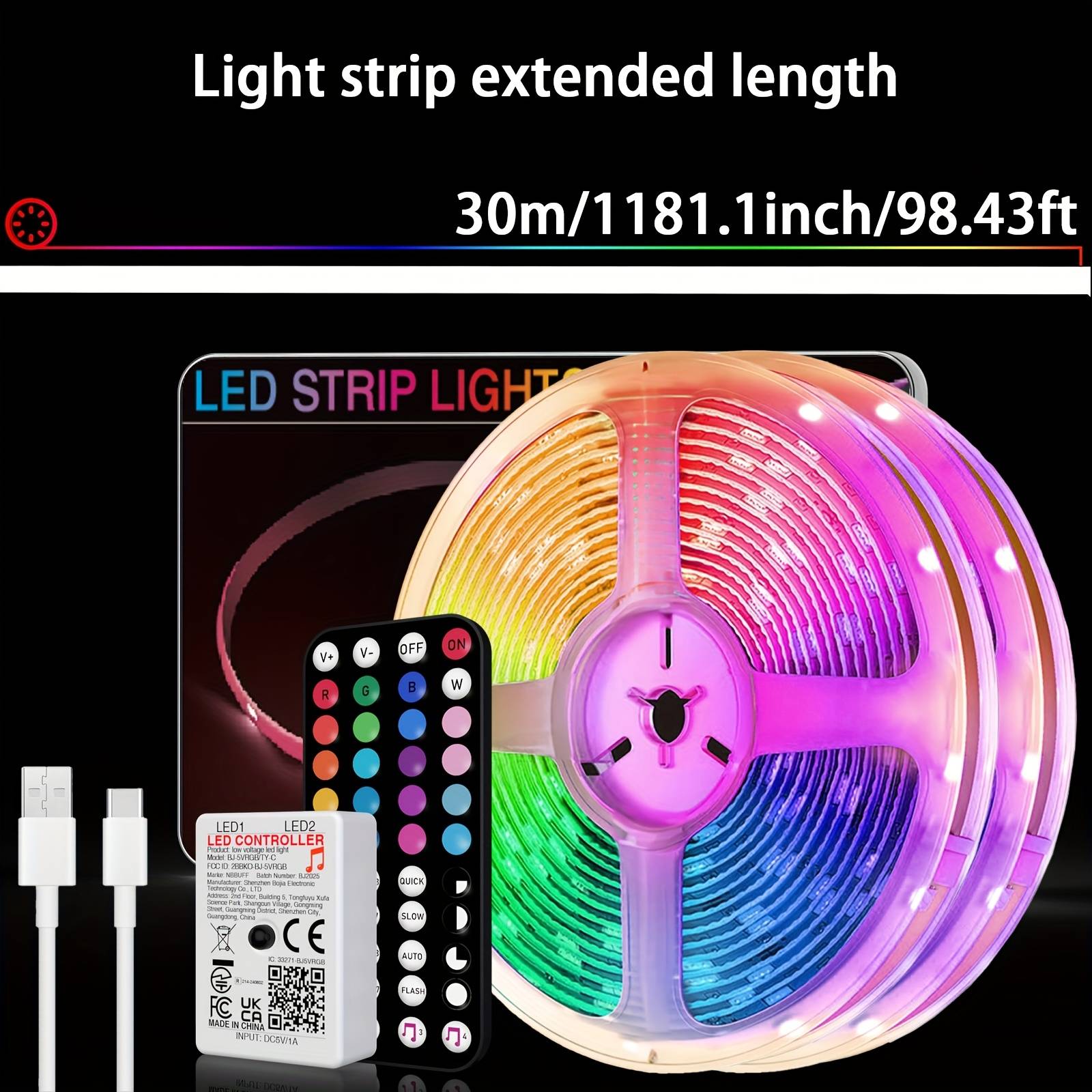 100ft Led Strip Lights That Sync With Music, Controlled Via An App And A 44-key Remote, Rgb Color-changing Lights Perfect For Decorating Bedrooms, Festivals, And Parties