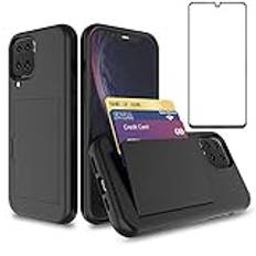 Asuwish Telefonfodral för Samsung Galaxy A12/M12 med härdat glas skärmskydd fodral och kreditkortshållare stativ slim hybridcell tillbehör Glaxay A 12 5G Gaxaly A-12 S12 12A 4G kvinnor män svart