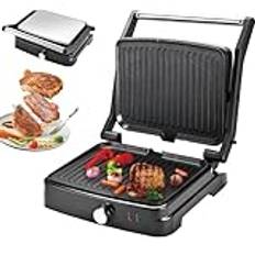 Elektrisk Panini pressgrill med LED-ljus, 2000 W hälsogrill med öppen platt upp till 180 grader och non-stick beläggning, grillmaskin i rostfritt stål för att göra frukost, biff, hamburgare