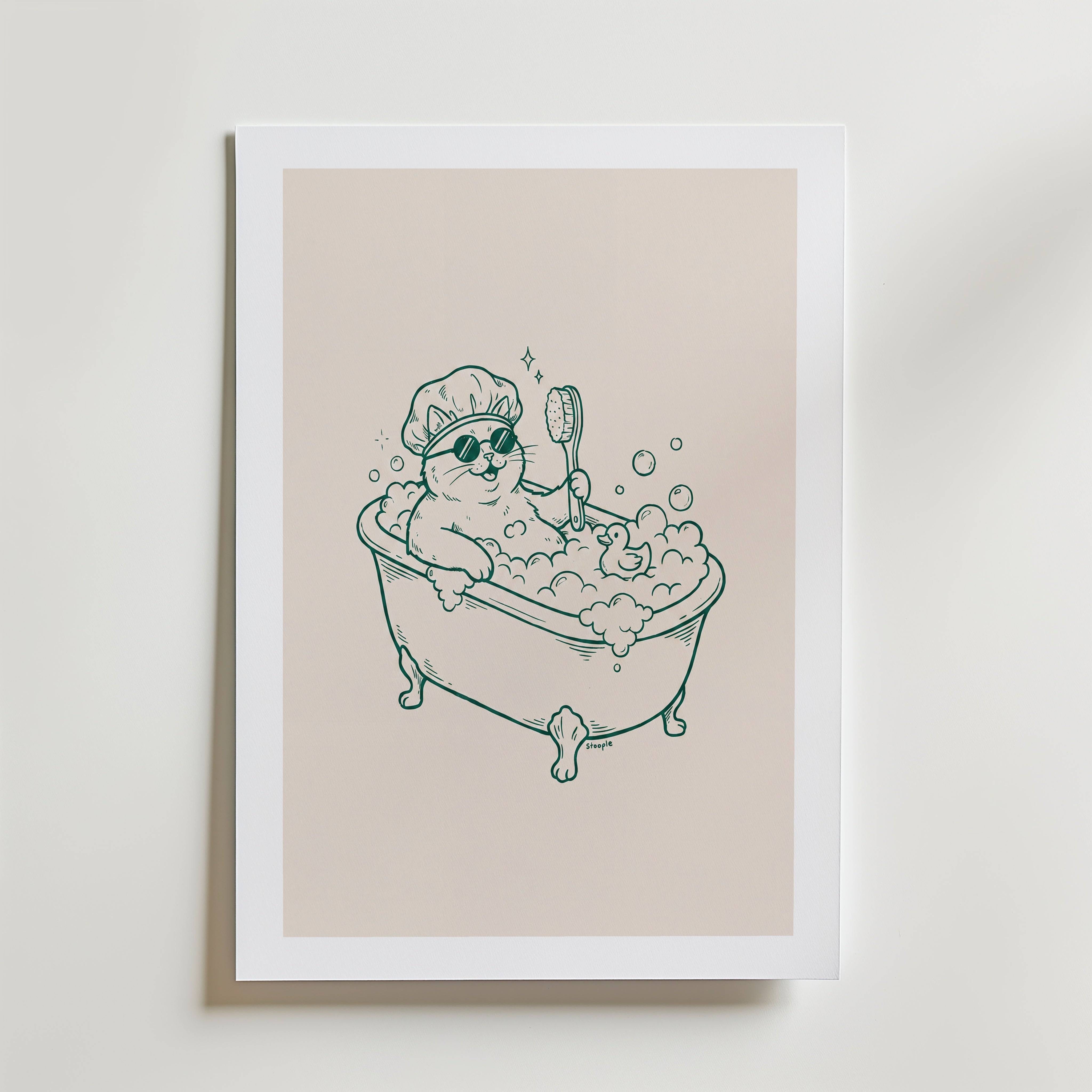 Shower Cat Poster - Fine Art Poster 50x70 cm Med passepartout