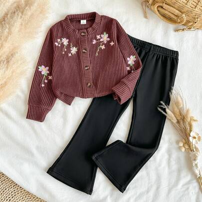 2-delat set för småflicka med kofta och byxor, sött och gulligt, vinrött och svart med blommor, ribbat, utsvängda ben, lång ärm, rund hals, tjockt, fö - Brun (6Y,7Y,4Y,5Y)