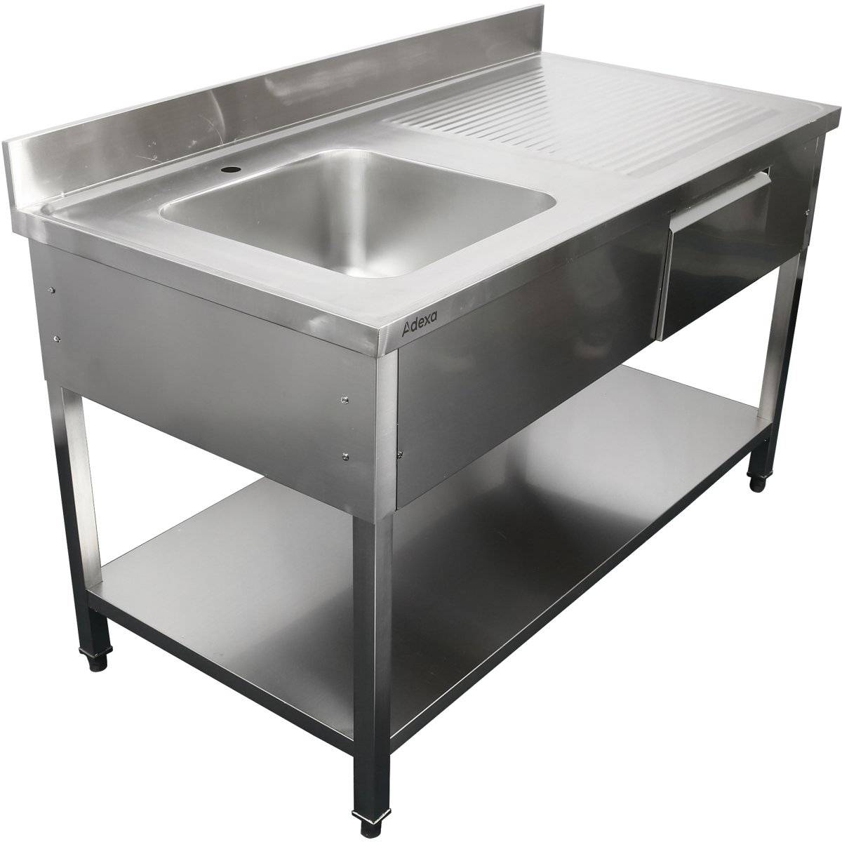 Rostfri Diskbänk med Draglåda 1 ho till vänster Underhylla Stänkskydd 1400x600x900mm | Adexa DSA140601DL