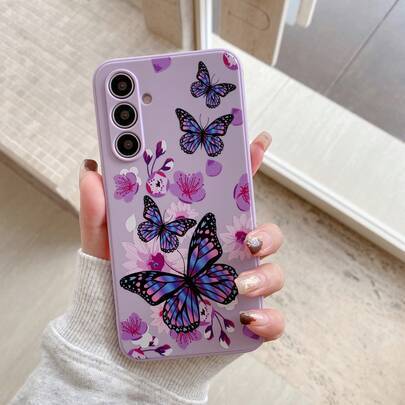Mode silikonmobilskal med småblommigt mönster + färgglad fjärilsgrafik, kompatibelt med Android-serien [International Version, Not Local Version] S22/ - Mauve Lila (Multi-size)