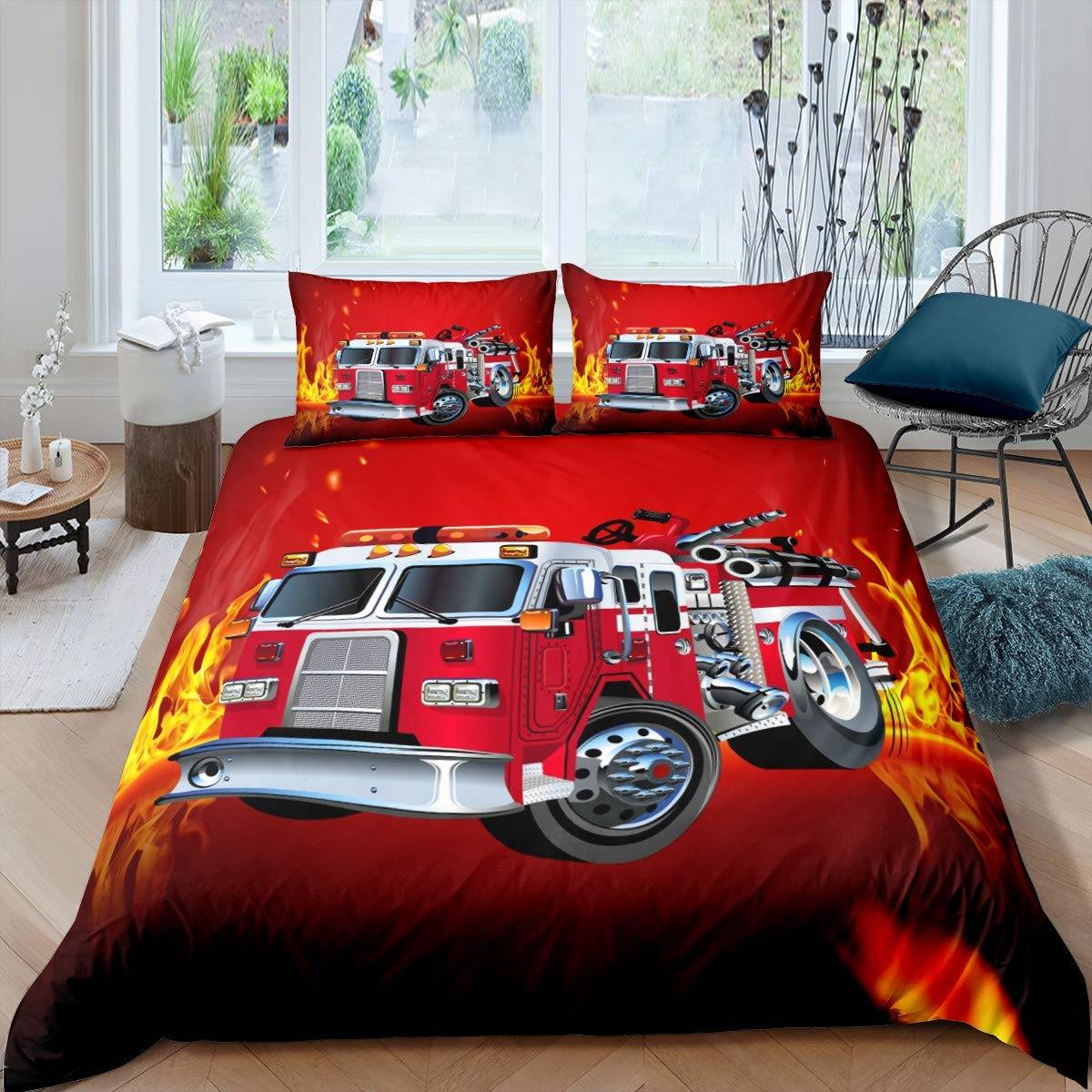 Brandbil Påslakanset Barn Brandmän Bil Fordon Sängkläder Set För Pojkar Brandbil Mönster King Size Täcke Överdrag 150x200cm 3pcs