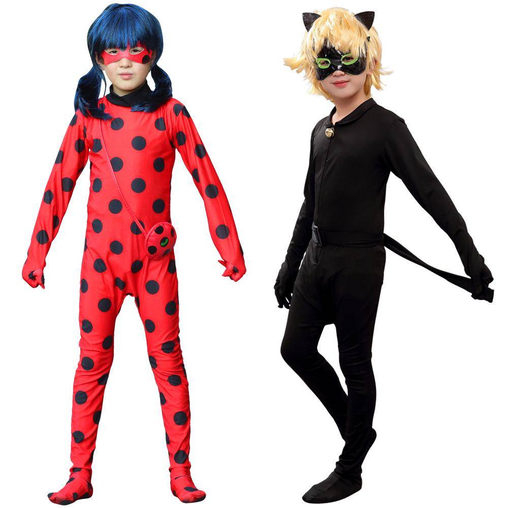 Kids Ladybug and Black Cat Costume Bodysuit Sparkle Hero Jumpsuit with Wig Options Halloween Fancy 110-120cm