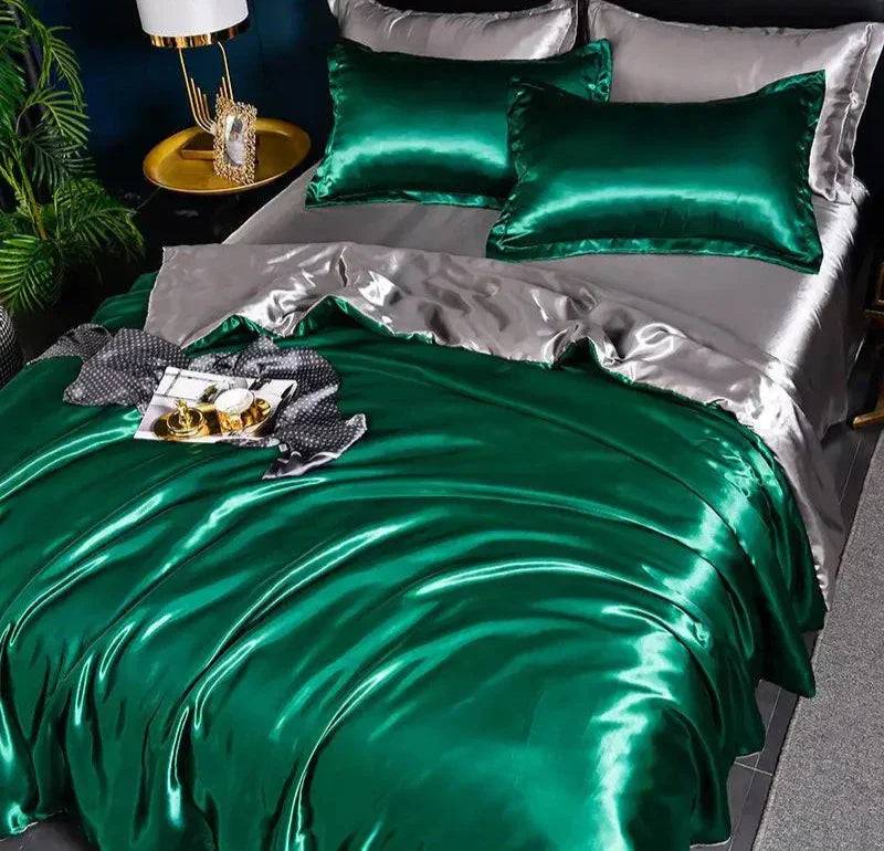 SatinLuxe Sängöverkast - Lyxigt Satäng Sängkläder för Ditt Sovrum - Grön och grå / 150X200CM