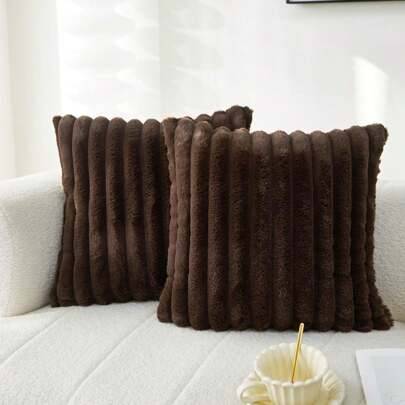 2st/pack Randigt kuddfodral i plysch, modernt polyester fluffigt fyrkantigt mjukt kuddfodral för vardagsrum, soffa, säng, hemmabruk - Kaffebrun (43*43cm (2st),1 styck 30cm*50cm + 1 styck 43cm*43cm)