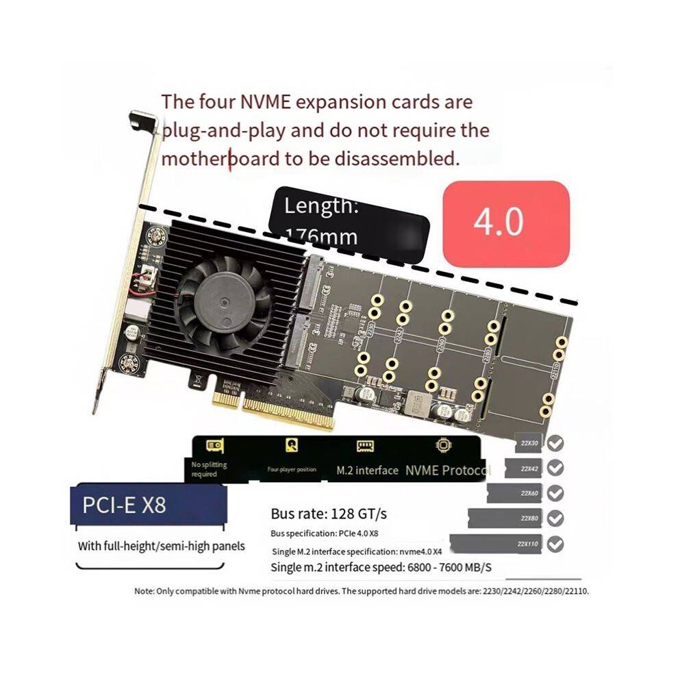 PCIe PLX88024 Quad 4 M.2 NVMe to PCIe 4.0 X8 Expansion Card Adapter with 2xM.2 Heatsink Nvme4.0X4 128GT/S