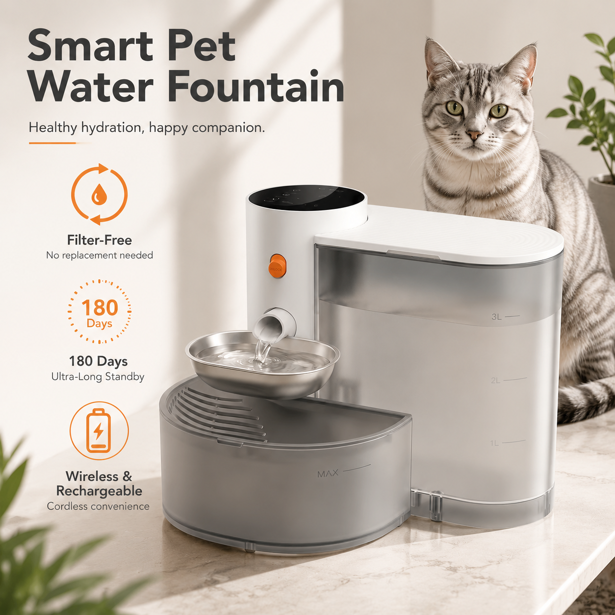 Smart Pet Water Fountain,3L Wireless Cat Water Fountain No Filter,Battery Operated Ultra Silent Cat Fountain Rechargeable