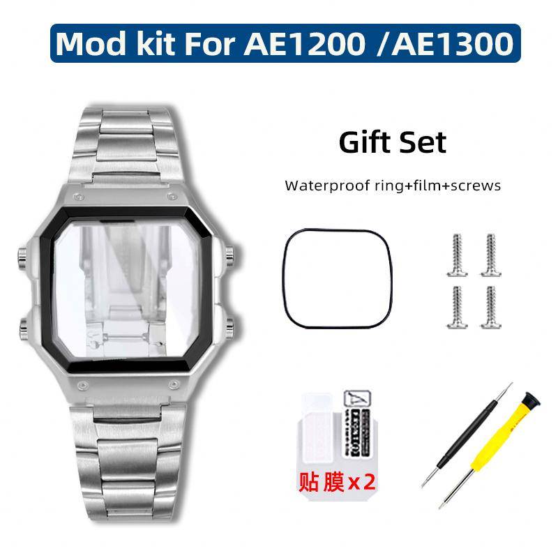 AE1200 Hölje rostfritt stål ram band för Casio G-Shock 3299 AE-1200WH AE-1300 Modifierat metallarmbandsfodral Spegelglas kit