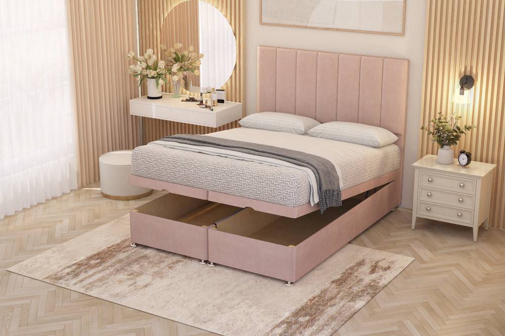 Somnior Austin Plush Velvet End Opening Ottoman Bed Set with Midnight Mattress in Pink | Size: Double