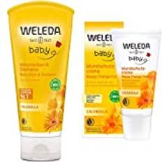 WELEDA Bio Baby Calendula Waschlotion & Shampoo(1 x 200ml) & Bio Baby Calendula Wundschutzcreme 30ml - Naturkosmetik Wundsalbe/Babycreme für den Schutz empfindlicher Baby Haut im Windelbereich