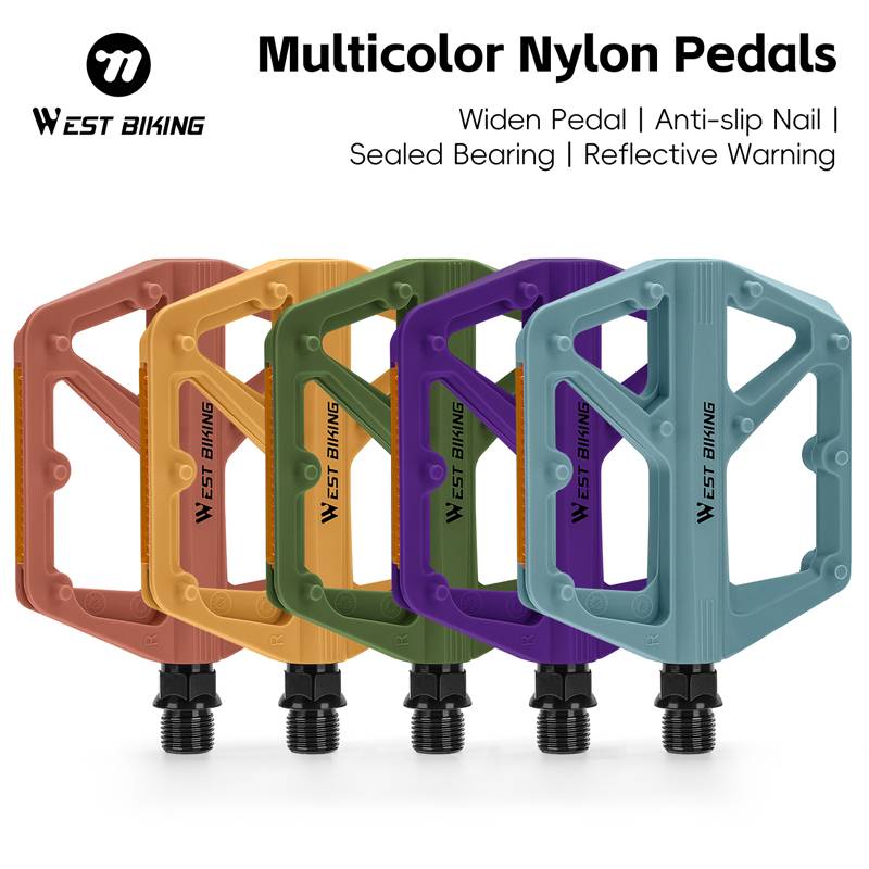 WEST BIKING Multicolor Nylon Bike Pedal DU Bearing Anti Slip Reflective MTB Road Bike Pedal Cycling Flat Pedals Bike Accessories