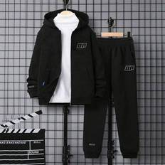 2st/set Tween Boy Casual Sports Fleece Zip Up Jacka & Solid Dragsko Fleece Pocket Pocket Outfit, Lämplig för vår, höst och vinter - Svart (8Y,9Y,10Y,11-12Y,14Y,13-14Y,12Y)