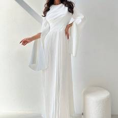 Elegant romantisk datum/fest för kvinnor Plisserad långärmad hög midja A-linje Medellånga vit klänning Vit klänning med ärmar vit Elegant klänning lån - Vitt (L,M,S,XS)