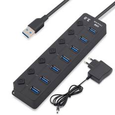 Strømdrevet USB-hub, aluminium USB-hub 3.0 til 7-port USB 3.0-strømstik med 5V/2A ekstern strømforsyning Multiport USB-hub, 5 Gbps, individuelle kontakter