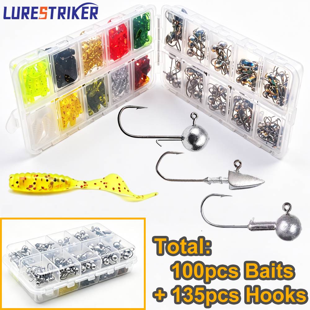 235pcs a box jig head hooks and baits set, with 20-compartment box design, perfect for soft bait hooks for catfish, bass, trout