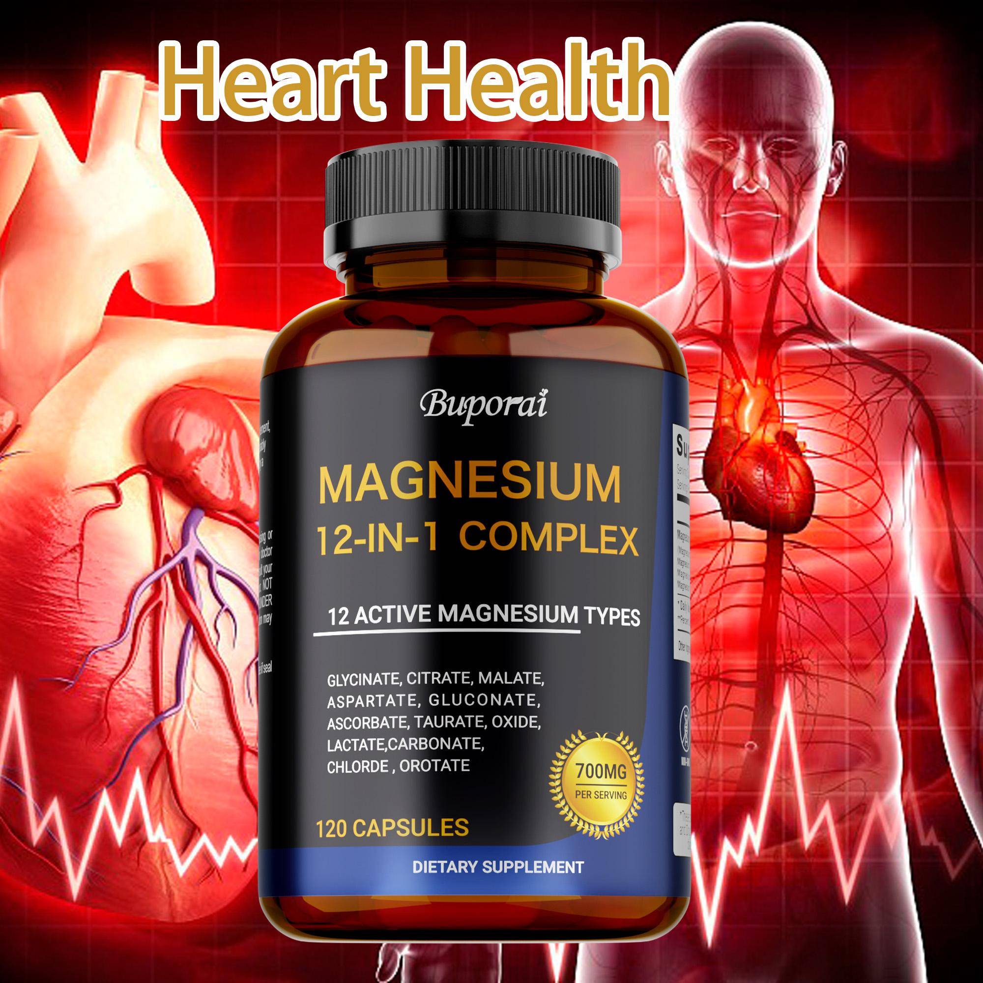 Magnesiumkomplex - Glycinat, Citrat, Aspartat, Orotat, Magnesium - Främjar Avslappning, Stödjer Hjärtat - 120 kapslar