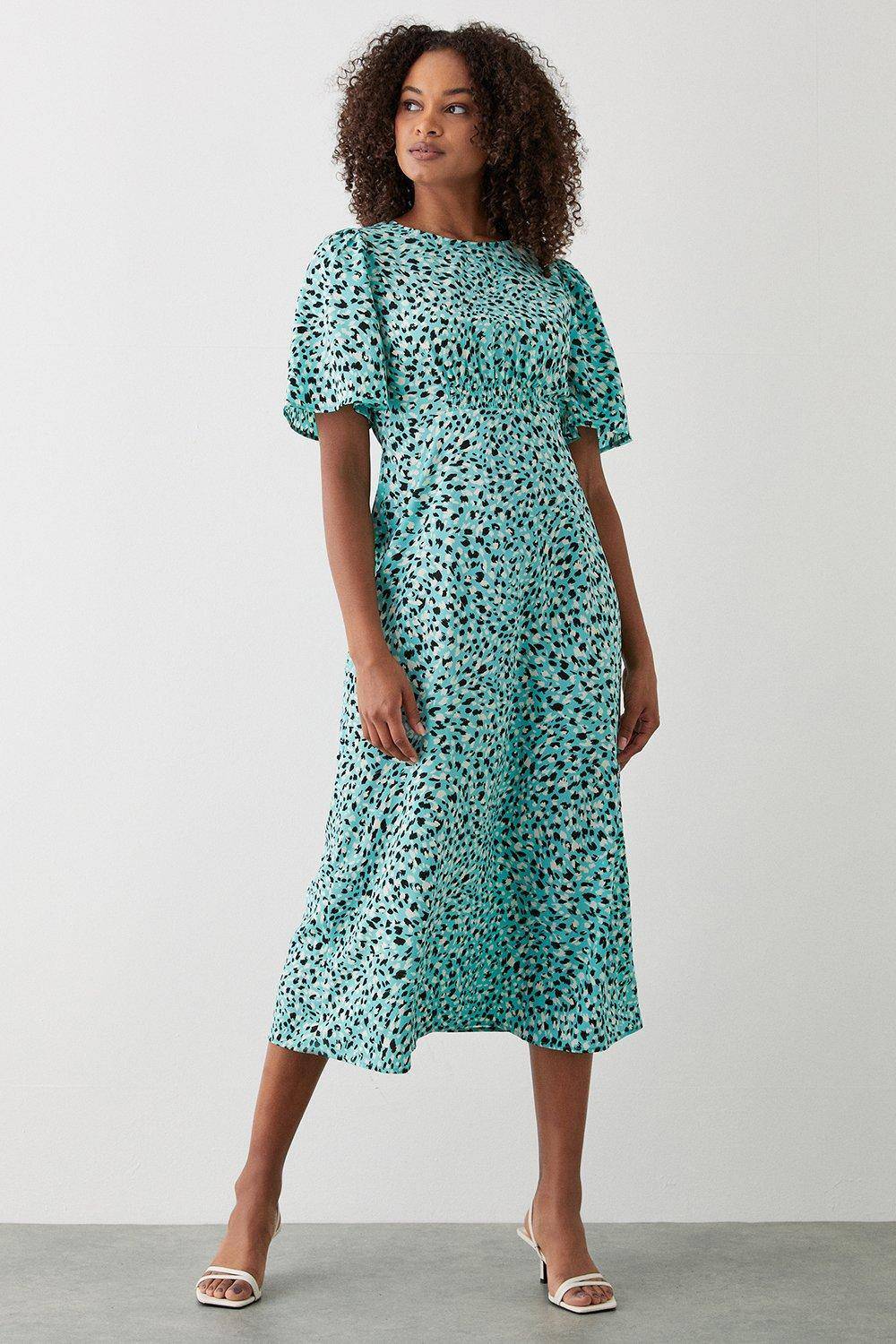Green Animal Flutter Sleeve Shirred Waist Midi Dress - green - 14.