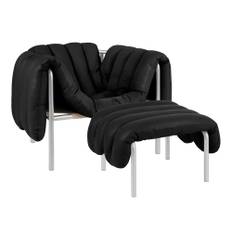 HEM - Puffy Lounge Chair + Ottoman - Black Leather/Stainless - Lænestole - Faye Toogood - Sølv,Sort - Læder/Naturmateriale/Metal/Træ/Skum